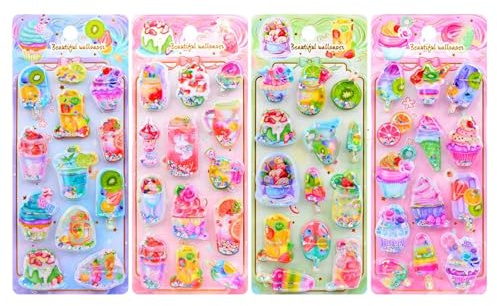4 Stück Jellies 3D Shaking Ice Cream Aufkleber Freeze Treat Designs, geeignet für Schreibwaren, Scrapbooking, Handy, austauschbare Aufkleber