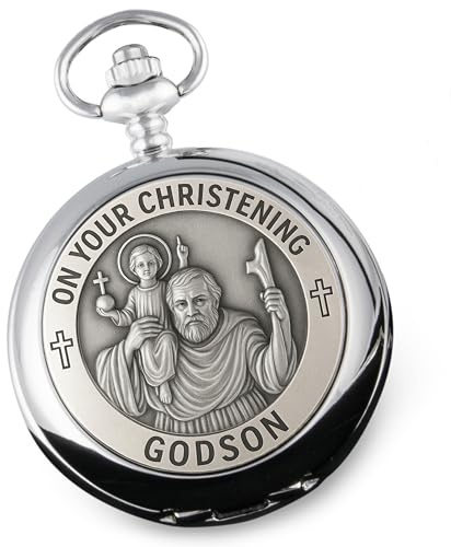 De Walden Godson Christening St Christopher Pewter Feature Pocket Watch | Christening Gift For Godson, From Godmother, Godfather, Godparents, Presentation Box Included