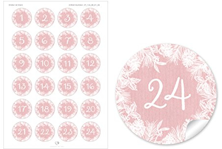 24 DIY Adventskalenderzahlen ROSA ZWEIGE KRANZ VINTAGE für einen DIY Adventskalender Papiertüten zum selber basteln 1 – 24 Format 4 cm, rund, matt