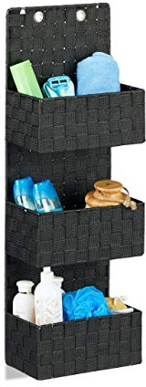 Relaxdays Hängeorganizer Stoff, Türorganizer mit 3 Aufbewahrungskörben, Wandorganizer Bad, PP, HBT: 75x25x15cm, schwarz