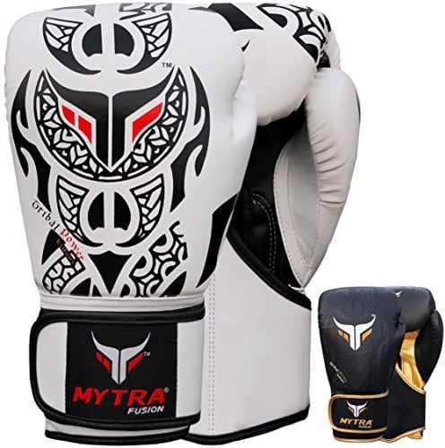 Mytra Fusion guantoni da boxe 10 oz 12 oz 14 oz 16 oz guantoni boxe per l'allenamento di pugni sparring Muay Thai guantoni Uomini e donne guanti boxe (16-oz, White/Black)