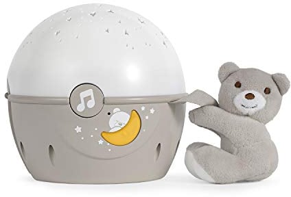 Chicco Next2Stars Nachtlicht Baby Sternenhimmel Projektor mit Plüschtier - Sternenlicht Projektor für Babybettchen, Nachtlicht mit Soundsensor, 3 Lichteffekte und Musik - 0+ Monate, Beige