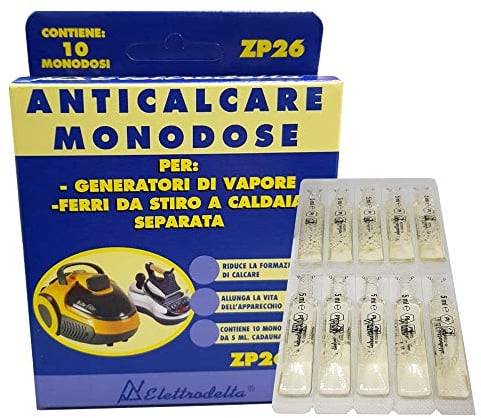 Anticalcare monodose per ferri da stiro a caldaia e generatori di vapore. Contiene 10 monodosi da 5ml cadauna