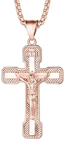 FaithHeart Rosegold Edelstahl Christliche INRI Kreuz Kruzifix Anhänger Halskette für Männer - Retro Style Schmuck…