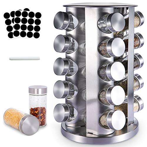 SaiXuan Porta Spezie in Acciaio Inox con 20 Barattoli Spezie-360 ° Portaspezie Girevole-Torre Portaspezie da Banco,Per Casa e Cucina,Facile da Pulire,Decorazione in stile artistico