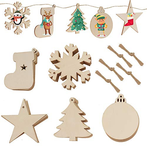 JUYOO 50PCS Wooden Christmas Tree Decoration Set - Wooden Ornaments: Round Wood Slices, Wood Snowflake, Star, Tree Socks with 60 Pcs Rope, 5 Styles