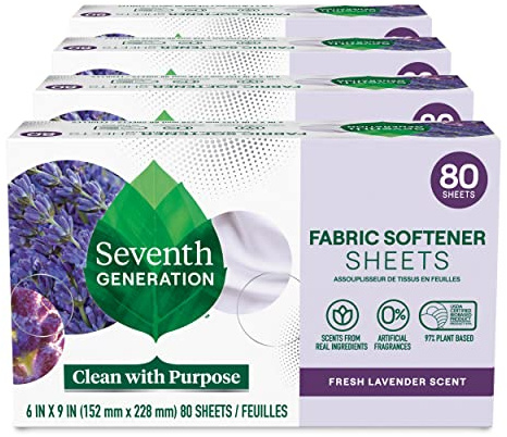 Seventh Generation - Fogli per asciugacapelli, ammorbidente al profumo di lavanda fresca con oli essenziali al 100% e ingredienti botanici, 80 fogli (confezione da 4)