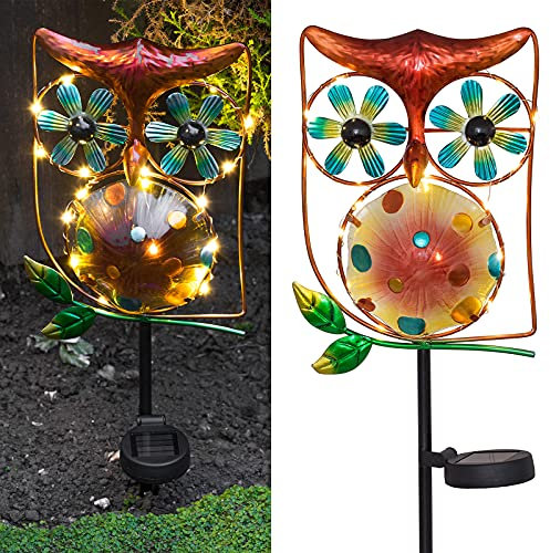 GloBrite Owl Wind Spinner with 15 LED Lights | Solar Lights Outdoor Garden Ornaments | Metal Owl Wind Sculptures | Waterproof Garden Accessories for Lawn Patio Backyard and Christmas Decorations