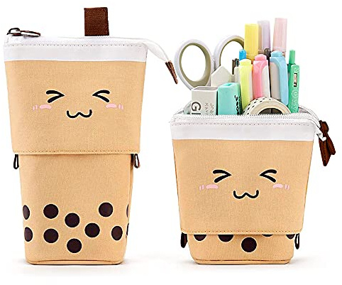 Pop-Up-Federbox, Make-up-Tasche, Stand Up Bubble Tea Stiftehalter, Organizer, Kosmetiktasche, Kawaii Schreibwaren (braun)