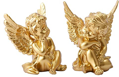 NSXIN 2er Set Engel Deko 3D Harz Engel Figur, Desktop Gold Engel Statue Engelfigur Handwerk mit Flügel, Home Dekorative Schutzengel Engelkind Kunstwerk (Gold)