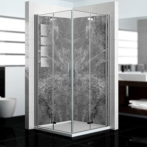 dedeco Eck-Duschrückwand wasserfest Motiv: Marmor V11, UV-Lack matt, 2 x 80x200 cm, als Badrückwand zum Fliesenersatz, als Dekorwand, Wandverkleidung und Duschplatte aus Aluminium - Made in Germany