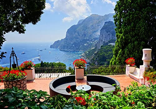 wandmotiv24 Fototapete Ausblick Terrasse Blumen Italien, L 300 x 210 cm - 6 Teile, Wanddeko, Wandbild, Wandtapete, Meer Wasser Bank Blumentopf M6809