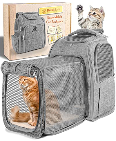 BriskTails Katzenrucksack – erweiterbarer Katzenrucksack, großer Reise-Wanderrucksack, Haustier-Rucksack, Fluggesellschaftsgenehmigt, perfekt für Katzen, Kätzchen, Kätzchen-Rucksack – Grau