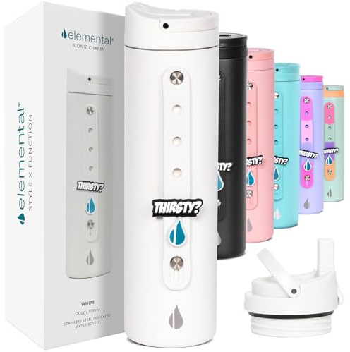 Elemental Iconic 20oz Charm Bottle, Insulated Stainless Steel Water Bottle with Straw Lid, Cute & Stylish Water Tumbler for School Girls and Boys, Leak Proof Bottle for Kids & Adult - White