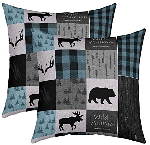 Bär Kissenbezüge 50x50cm 2er Set Kissenbezüge Elch Kissenbezug Kissenhülle Couchkissen Wildes Tier Gitter Plaid Blau Schwarz Natur Wildtiere Bär Sofakissen Couchkissen für Couch Stuhl