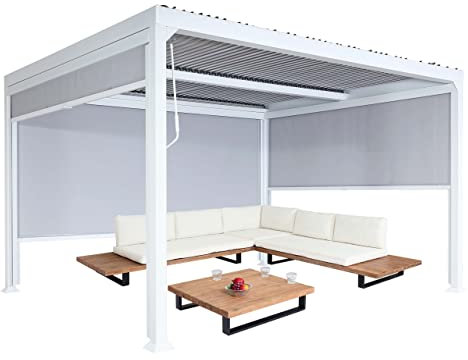 Alu Pergola HWC-L41 mit 3X Seitenwand, Lamellen-Pavillon, stabiles 8cm-Metall-Gestell 3x3,7m - weiß