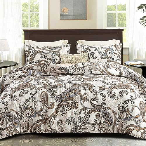Whale Flotilla Bettdecke in 200x200 cm, Atmungsaktive und Superweiche Steppdecke Schlafdecke für 4-Jahreszeiten mit 2 Kissenbezügen, Beige Paisley