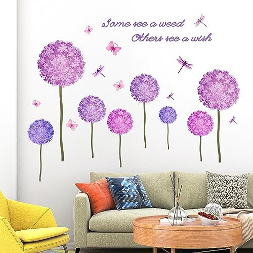 Wandaufkleber mit Löwenzahn-Pflanze, fliegender Schmetterling, Libelle, abnehmbar, violette Hortensie, florale Wanddekoration für Wohnzimmer, Kinderzimmer, Mädchenzimmer, Zuhause, Wanddekoration