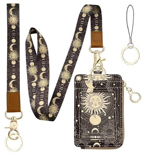 bolimoss Sun and Moon Lanyard Wallet, Boho Lanyard with Wallet,ID Badge Holder with Neck & Wristlet Lanyard, PU Leather Zip ID Case Wallet with Breakaway Lanyard, Keychain Wallet for Women