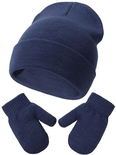 Malaxlx Navy Blau Baby Mütze Handschuhe Set – Neugeborenes und Kleinkind Winter Warm gestrickte Mütze Handschuhe Set für 3-18 Monate Mädchen Jungen