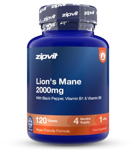Zipvit Lions Mane Supplement 2000mg with B1, B5 & Black Pepper - Vegan | 4 Months Supply - Over 50% Polysaccharides - Lions Mane Mushroom 15:1 Extract - Mental Performance, Energy - 3rd Party Tested