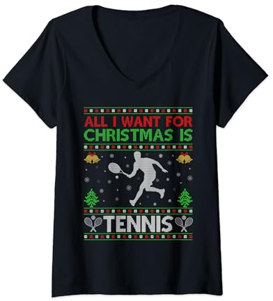 Alles was ich zu Weihnachten will ist Tennis Ugly Tennis Christmas T-Shirt mit V-Ausschnitt