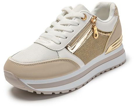 JOMIX Zapatillas con Plataforma para Mujer - Deportivas, Zapatos Cuña, Vestir - para Gimnasio, Caminata, Jogging, Fitness - Beige, 39 EU