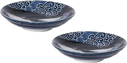 Assiette Creuse en Céramique Japonaise Mino-yaki, Pour Soupe Salade Pâtes, 22cm, Motifs de Baleine Bleue, Set de 2 Assiettes, Fabriqué au Japon, 797692