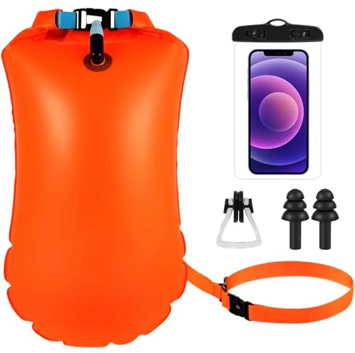 Bouée de Natation, Bouée pour Nage en Eau Libre, Ceinture réglable, Poche étanche pour téléphone Portable, Pince-Nez, Bouchons d'oreille, pour Sports Nautiques