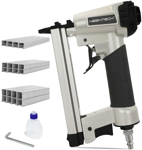KEENTECH Pneumatic Staple Gun 21 Gauge, Air Upholstery Stapler with 3000pcs 1/2 Crown Staples 1/4-5/8, Ready-to-Use Pneumatic Nail Gun Tool Set with Safety Trigger for Wood Furniture Fabric Leather