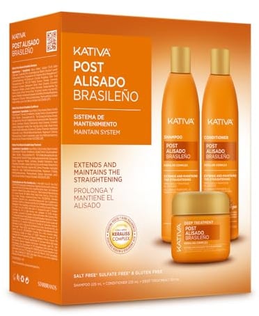 KATIVA Tratamiento Post Alisado Brasileño | Champú, Acondicionador y Mascarilla | Prolonga el Alisado un 50% | Kit 3 unidades | 225 ml | Con keratina vegetal y ácido hialurónico
