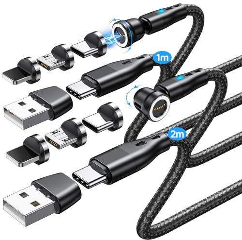 TUNKIA 60W Fast Charging Cable 2Pack [1M/2M], 7PIN 6-in-1 USB C/A to USB C Magnetic Charger, 540° Rotating Phone Charger Cable and Data Transfer Compatible with All Devices