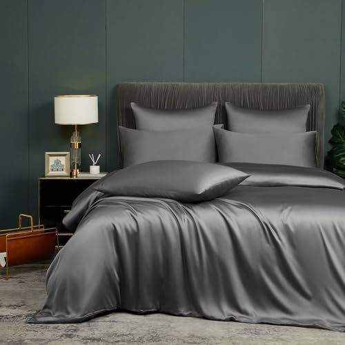 Luofanfei Bambus Bettwäsche 135x200cm 4teilig Grau Anthrazit Sommer Kühlende Uni Bambusfasern Lyocell Glänzend Bettwäsche Set Atmungsaktiv Bamboo Luxus Muster Bettbezüge Set und Kissenbezüge 80x80 cm