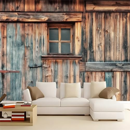 Fototapete 3D Vliestapete mit Vintage-Scheunentor Aus Holz Braun 300x210cm XXL Panorama Wandbild für Mädchen & Jungs Schlafzimmer | Wanddekoration mit 3D Effekt