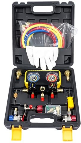 Mazonda R1234YF Kältemittel-Verteiler-Messgeräteset Kompatibel mit R134A R404A A/C-Verteiler-Messgerät-Set mit 1,5m Klimaanlage Füllschlauch,Sicherheitsventil und Aufbewahrungskoffer