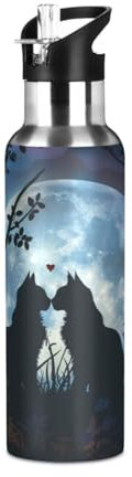 Niigeu Chats De Lune De Saint-Valentin Noirs Bouteille d'eau Isotherme avec Paille en Acier Inoxydable Gourde, Sans BPA Gourdes Eau pour Enfant Sport Randonnée École Bureau (600ml/1L)