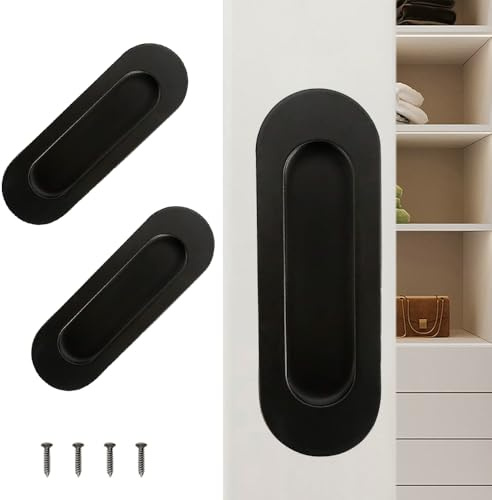 Pocket Door Handles, Flush Sliding Door Handles with Screws, 2 PCS, Black | 120 x 40 mm, Oval Shaped, Recessed Design, Stainless Steel, Side Hole Pull