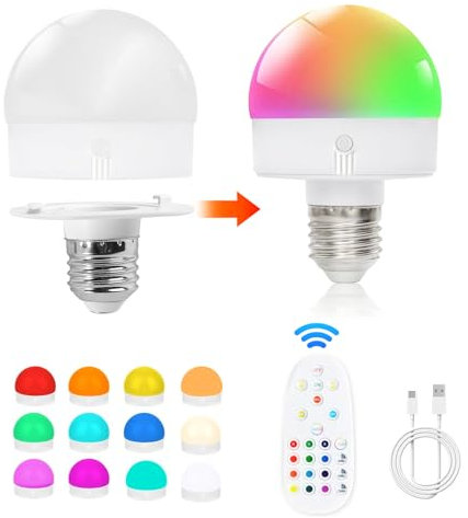 URHRHU Lampadina Ricaricabile USB-C 7W Lampadina LED E27 Dimmerabile Colorata con Telecomando e Timing Luce Notturna Senza Filo 3 Temperature di Colore 12 Colori RGB e 2 Modalità Colore