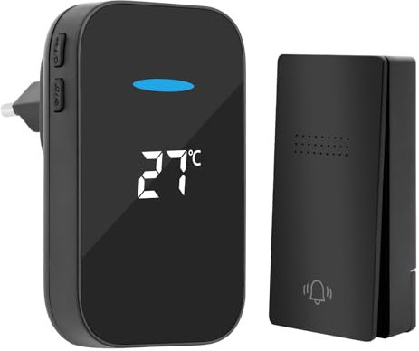 RISVOWO Timbre Inalámbrico Exterior Impermeable, 300M Alcance Impermeable IP67 Kit de Timbre Inalambrico, Indicador LED para Hogar, 4 Niveles de Volumen y 38 Melodías para el Hogar Oficina, Negro