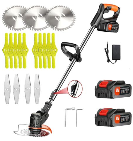 Decespugliatore a Batteria 21V Tagliabordi a Batteria, Decespugliatore Multifunzione con 2 Batterie,3 Tipi di Lame,tagliabordi per il taglio di giardini, prati e terreni agricoli (Nero)