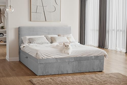 Kaiser Möbel - Boxspringbett mit Bettkasten und Topper - Trento Bett mit Bonellmatratze und Toppermatratze - Cord Schlafzimmerbett Trento - Doppelbett Velo - 186x215x104,5cm - Grau