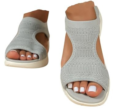 HEONSATI Women's Grey Wedge Platform Sandals Size 7 UK, Wide Fit, Canvas, Arch Support, Comfortable, Wedge Heel, Slingback, EVA Insole