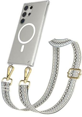 EAZY CASE Handykette - Verstellbares Taschenband kompatibel mit Galaxy S24 Ultra, Schulterriemen, Handykordel mit Silikon Hülle, Qi Charging kompatibel, Umhängetasche, Wellen - Beige Blau Metall Gold