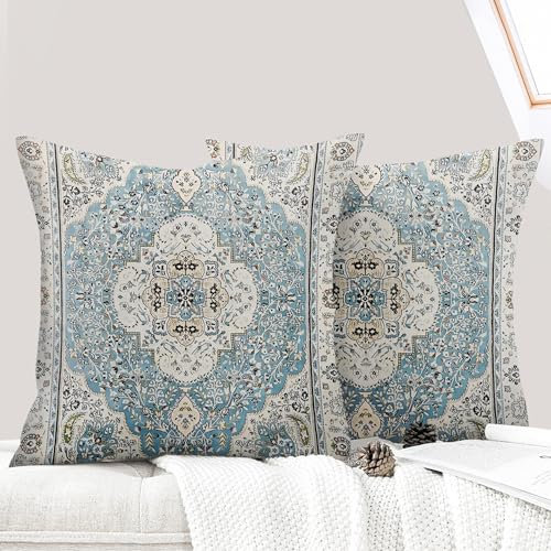 ECZOIL 2er Set Boho Kissenbezug 50x50 cm Kissenhülle Dekorative Boho Stil Vintage Zierkissenbezüge Kissen für Sofa Sessel Zuhause Schlafzimmer mit Verstecktem Reißverschluss - Himmelblau