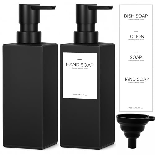 Maxumille 2 Pack Distributeur de Savon en Verre Noir Mat 350ml | Distributeur Liquide Vaisselle Cuisine avec Étiquettes, Refillable Flacon Pompe Vide Verre de Salle de Bain pour Shampoing