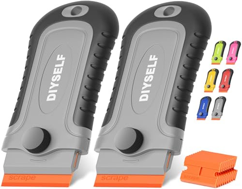 DIYSELF 2er Pack Kunststoffschaber, 10 Plastikklingen, Klebereste Entferner | Kunststoffspachtel, Aufkleber Entferner und Etikettenentferner mit Drehknopf und Klingenfach für Glas, Auto und Fenster, Grau