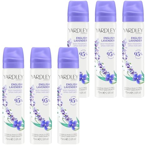 Yardley London English Lavender Body Spray, Floral Mist, 6x 75ml | Floral Body Mist with Notes of Geranium and Jasmine, Calming Lavender Scent, 95% Natural, Vegan and Cruelty Free