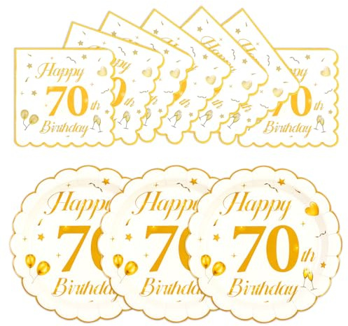 EVYIENEN 50PCS 70th Birthday Paper Plates and Napkins,7 Inch Scalloped Wihte and Gold Birthday Dessert Cake Plates Party and Cocktail Napkin for Men and Women Table Anniversary Decoration