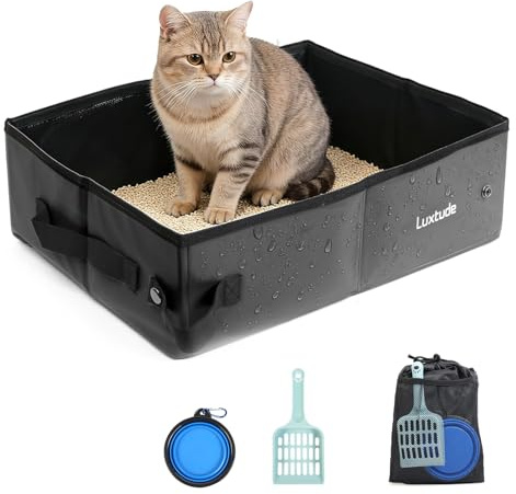 Luxtude Collapsible Travel Litter Box for Cats, Waterproof & Smell-Proof Portable Cat Litter Box, Sturdy Shape and Hard Bottom for Car, Hotel, and Outdoor Use (Black, M-Open)