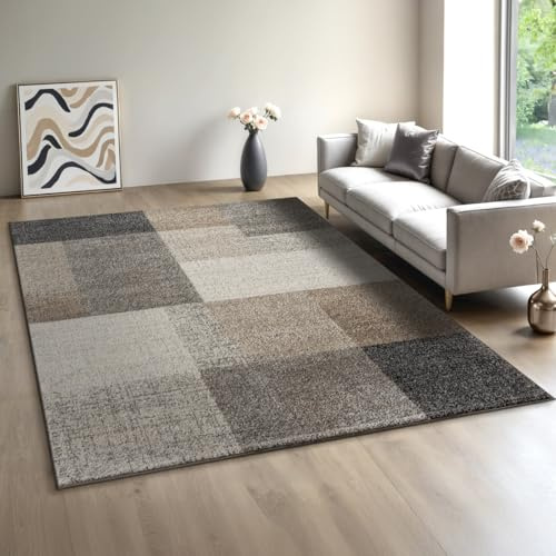 Mia´s Teppiche Modena - Moderner Kurzflor Teppich, Wohnzimmer & Schlafzimmer, weich & pflegeleicht, geometrische Muster, Kariert, Beige, 80 x 140 cm